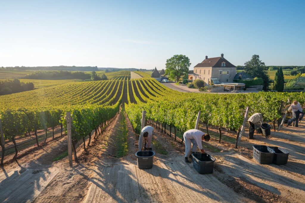 Ouvriers récoltant des raisins au lever du soleil dans un vignoble de Bourgogne avec maison en pierre en arrière-plan