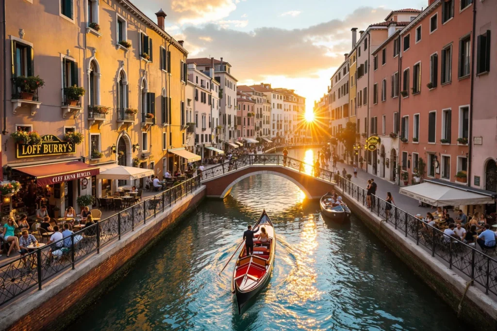 Canal animé de Venise au coucher du soleil avec gondoles, pont piéton et terrasses de cafés colorés bordant les bâtiments