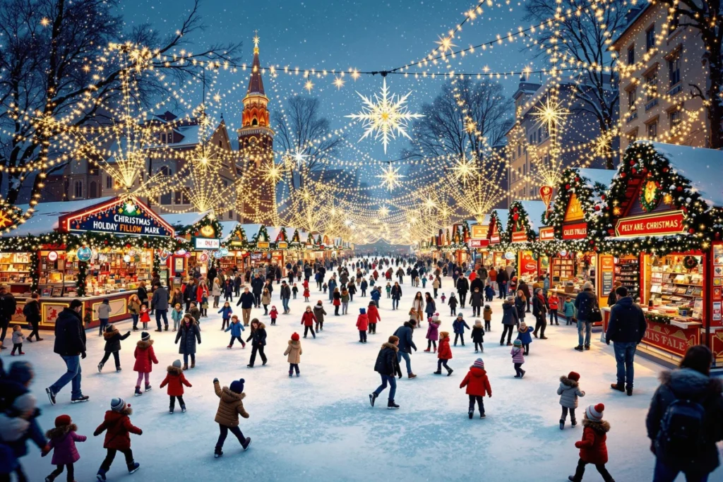 Patinoire animée de Noël à New York avec chalets décorés, sapins illuminés et patineurs sous un ciel étoilé aux étoiles dorées