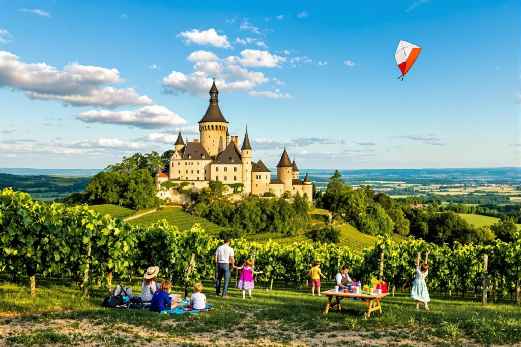 Famille pique-niquant et faisant voler un cerf-volant dans un vignoble devant le château de Cormatin en Bourgogne du Sud sous ciel bleu partiellement nuageux