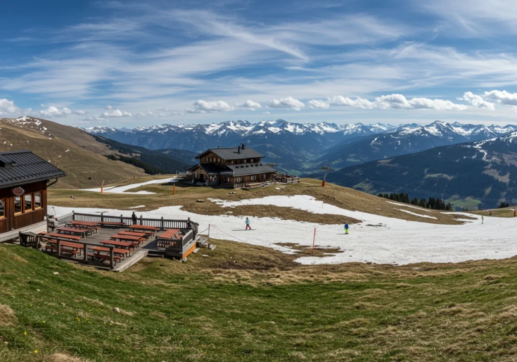 Station de ski de printemps dans le Morvan en Bourgogne avec chalets en bois et montagnes enneigées sous ciel bleu